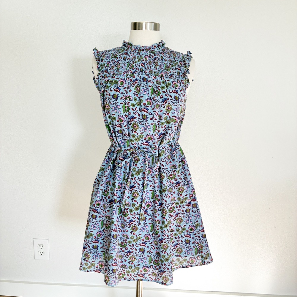 Boden Floral Smocked Dress Womens 2R Blue Cotton Sleeveless Tie Waist Mini